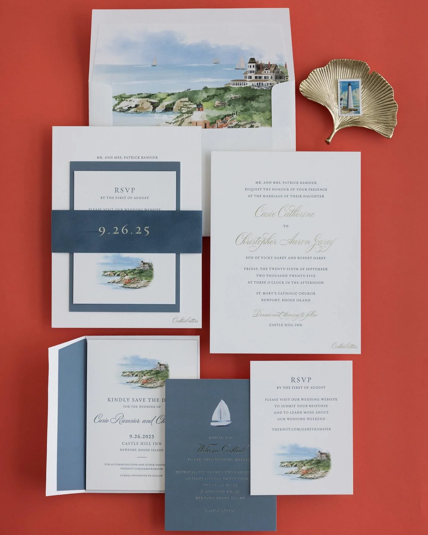 Already dreaming of spring&hellip; break? Travel to Newport, Rhode Island with us for Casie and Chris&rsquo;s coastal wedding invitation suite. Ocean blue tones, champagne foil accents, a watercolor landscape and a velvet belly band had guests ready 