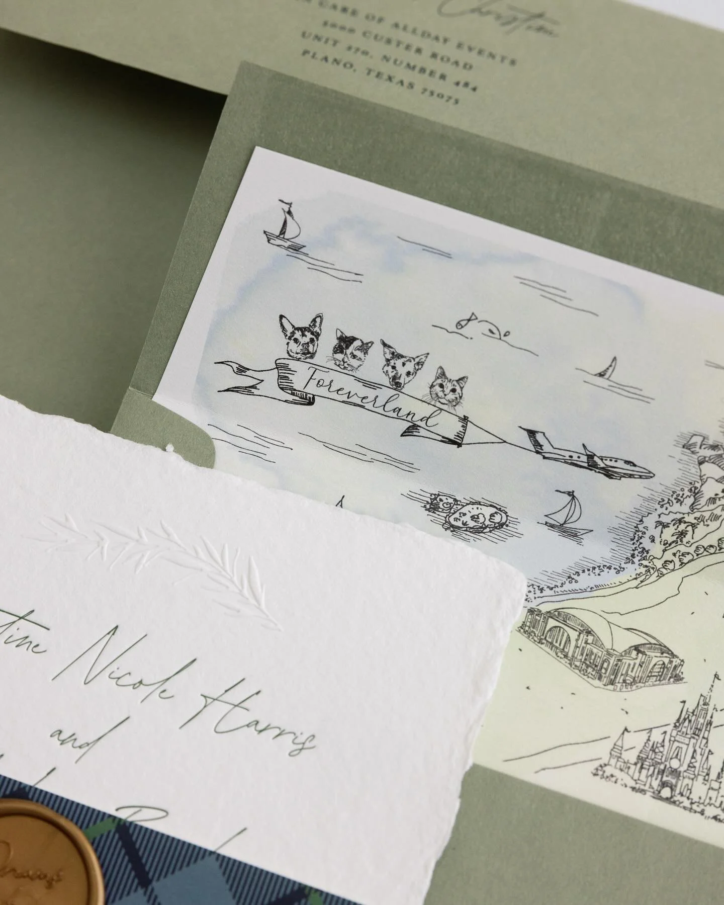 Customization at its finest! The couple&rsquo;s love story was told in their envelope liner, from illustrations of their homes and meaningful venues, the Disney castle, American Airlines Center to cheer for their beloved Dallas Stars, and of course, 