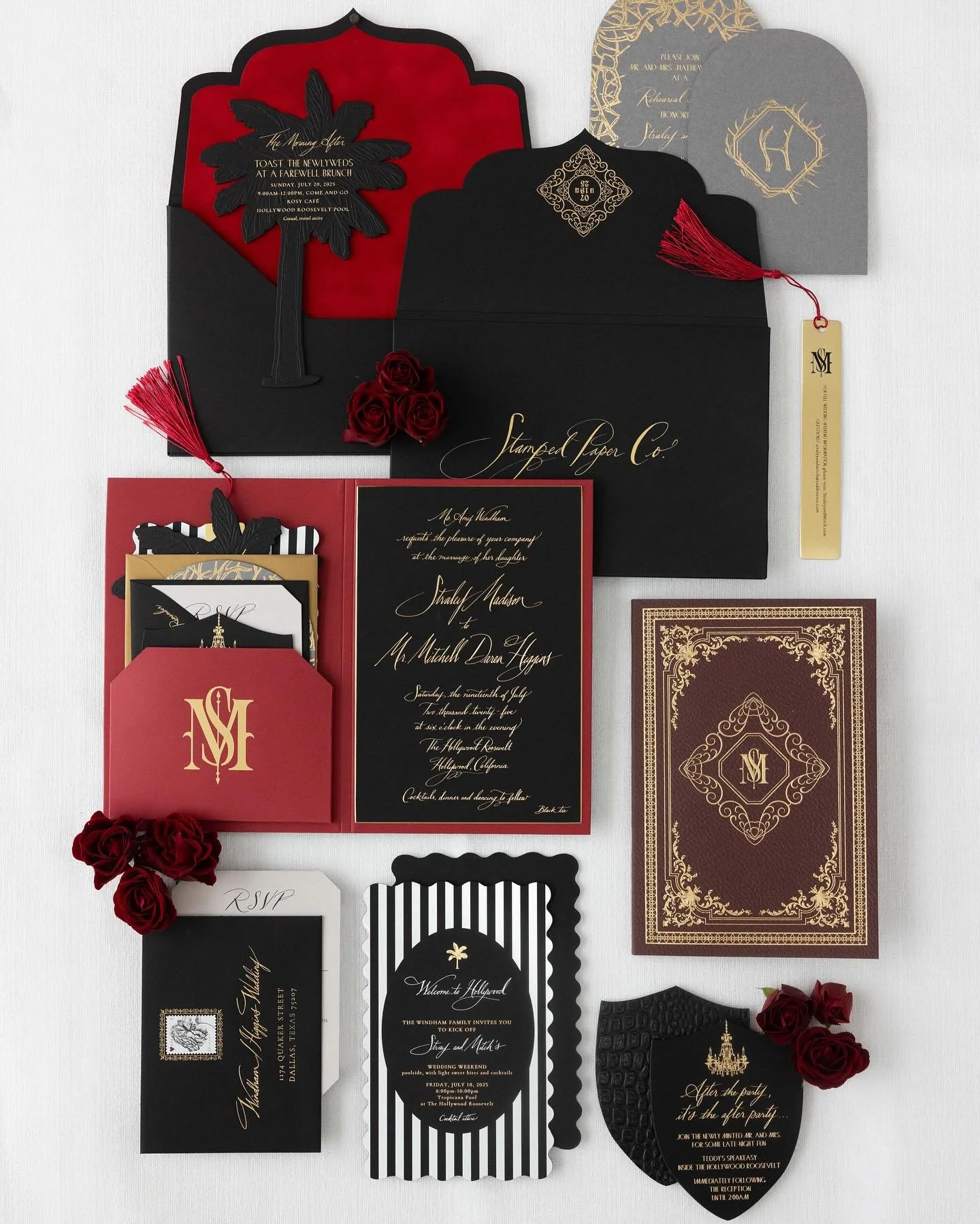 We don&rsquo;t often do a black wedding invitation and pieces lined with crocodile skin, red velvet and dripping in gold, but when we do&hellip; it feels right. Feast your eyes on this gothic glam moody affair, full of Hollywood magic with this dream
