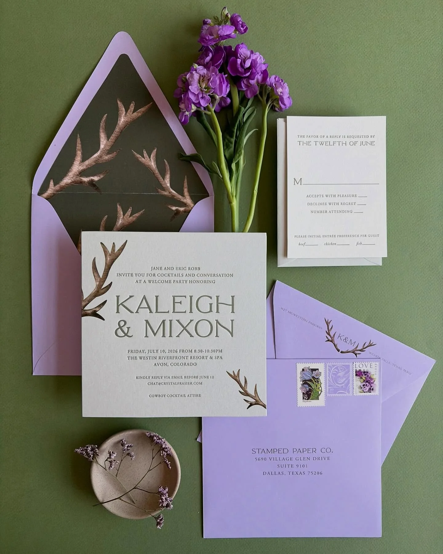 Meet us in the mountains! An unexpected color palette made this letterpress rehearsal dinner invitation suite surely stand out! 💜💚