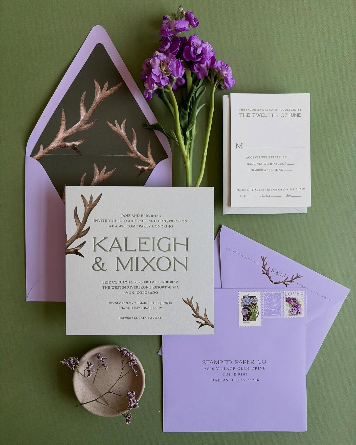 Meet us in the mountains! An unexpected color palette made this letterpress rehearsal dinner invitation suite surely stand out! 💜💚
