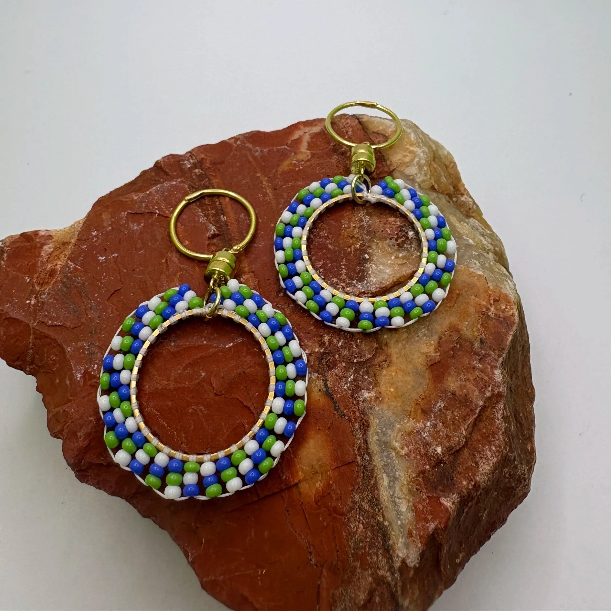 Small circle spiralled beads in blue, green and white