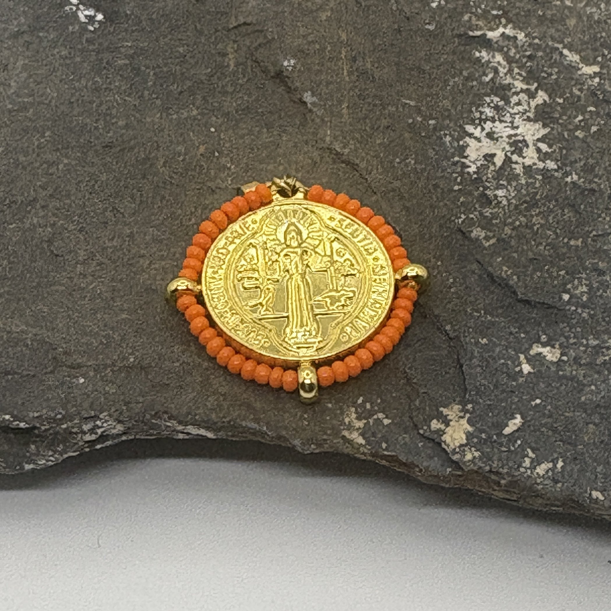 Round 18K gold plated St Benedict Charm with orange