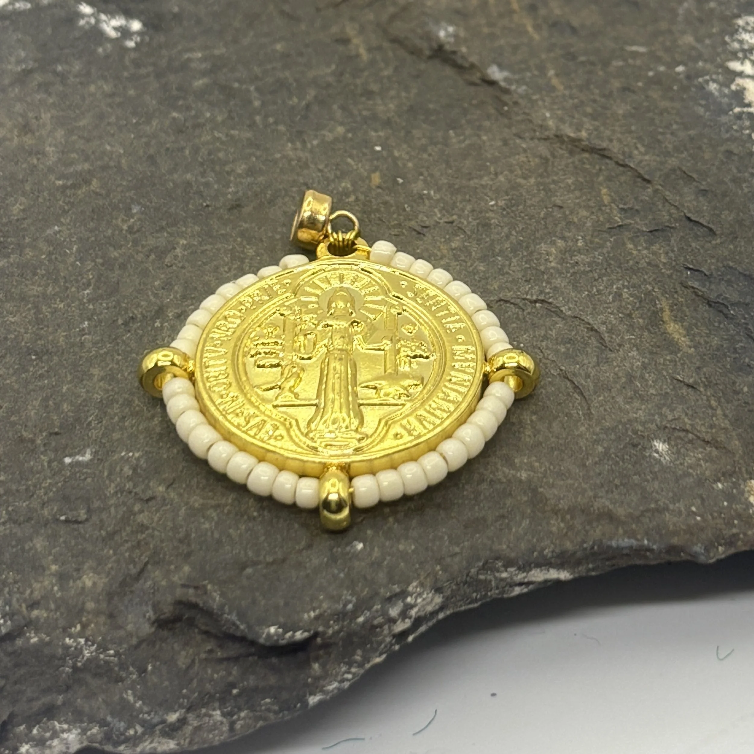 Round 18K gold plated St Benedict Charm with cream glass bead