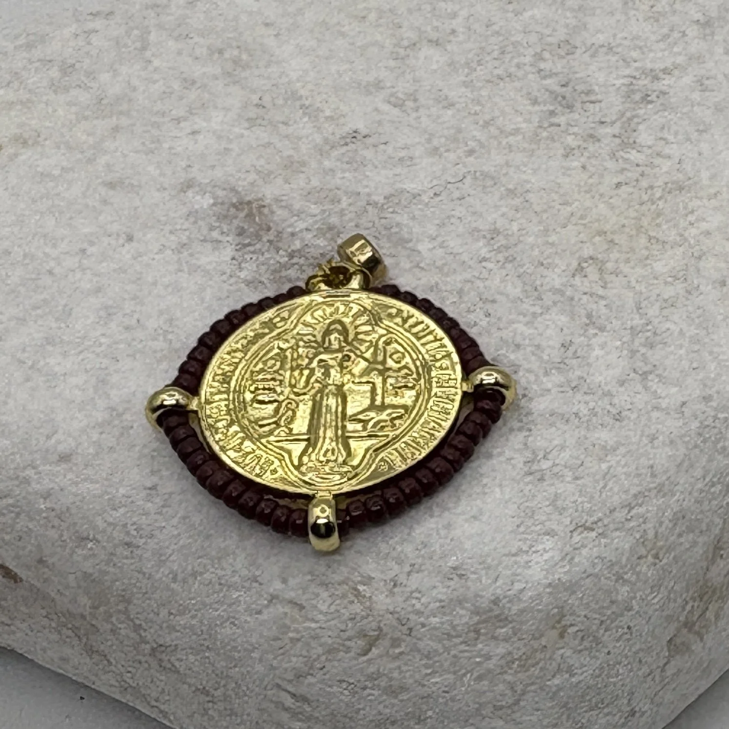 Round 18K gold plated St Benedict Charm with brown glass bead