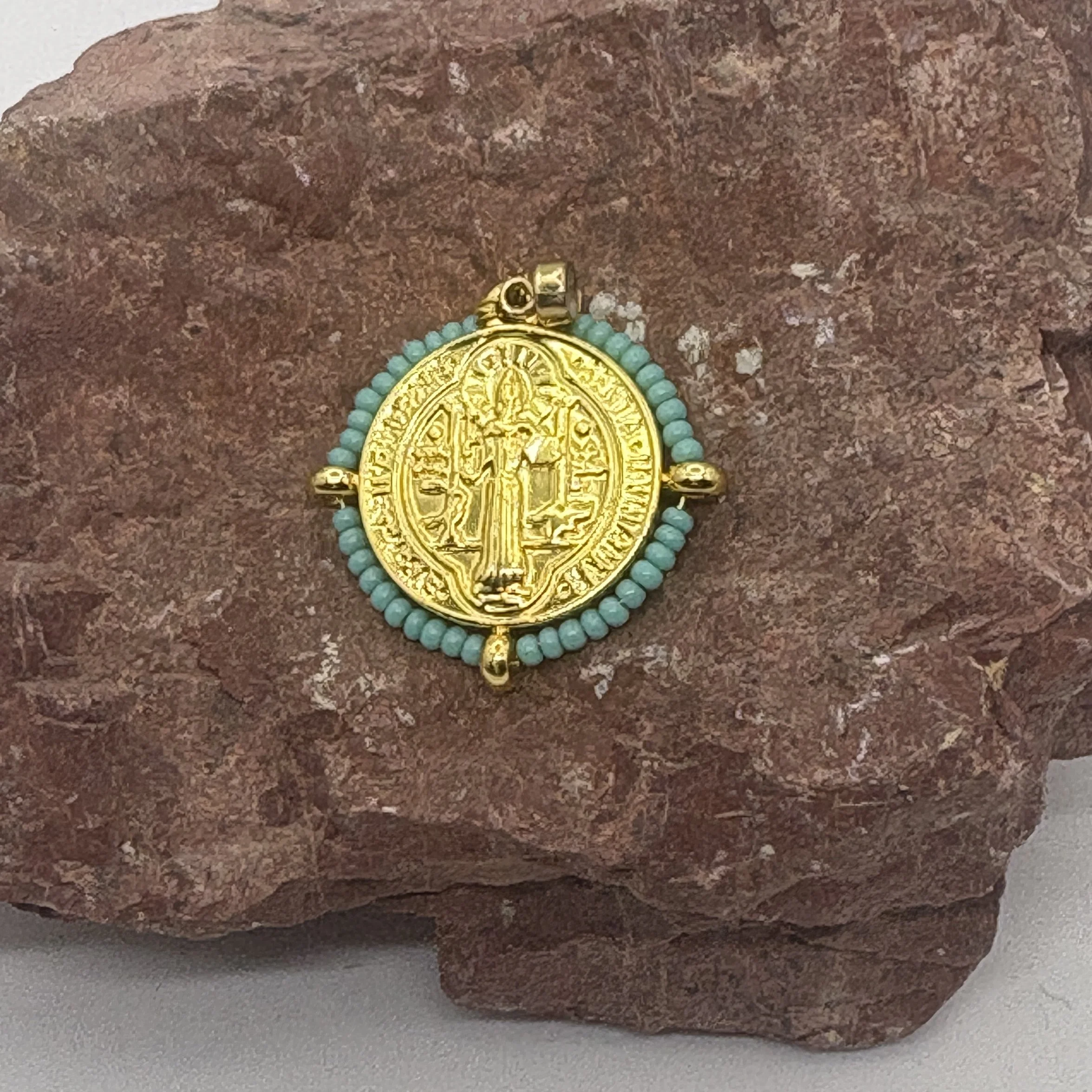 Round 18K gold plated St Benedict Charm with turquoise