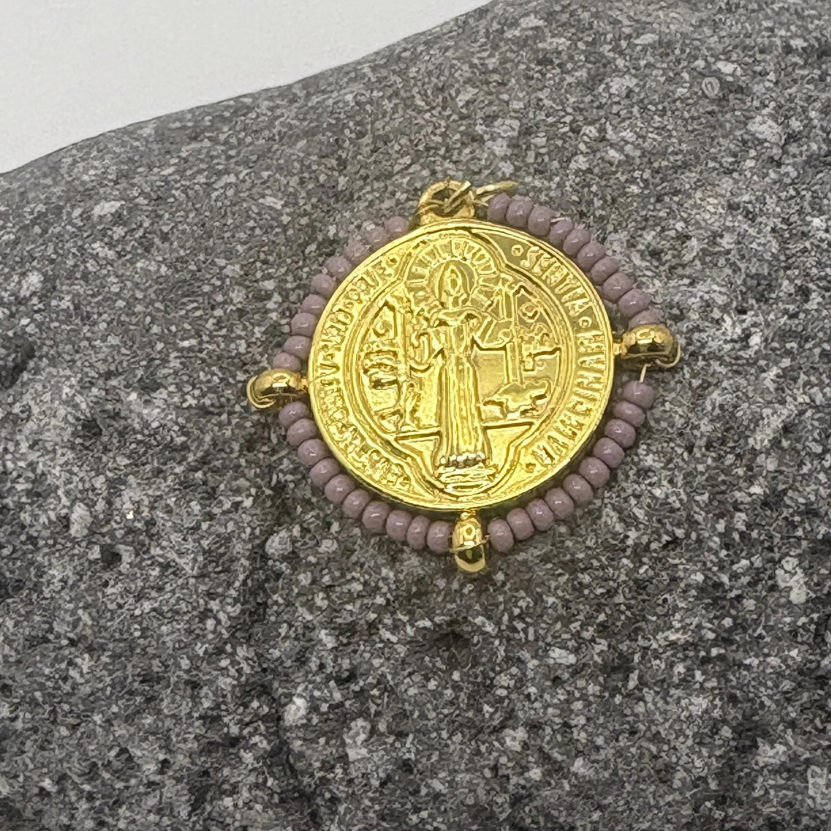 Round 18K gold plated St Benedict Charm with mauve