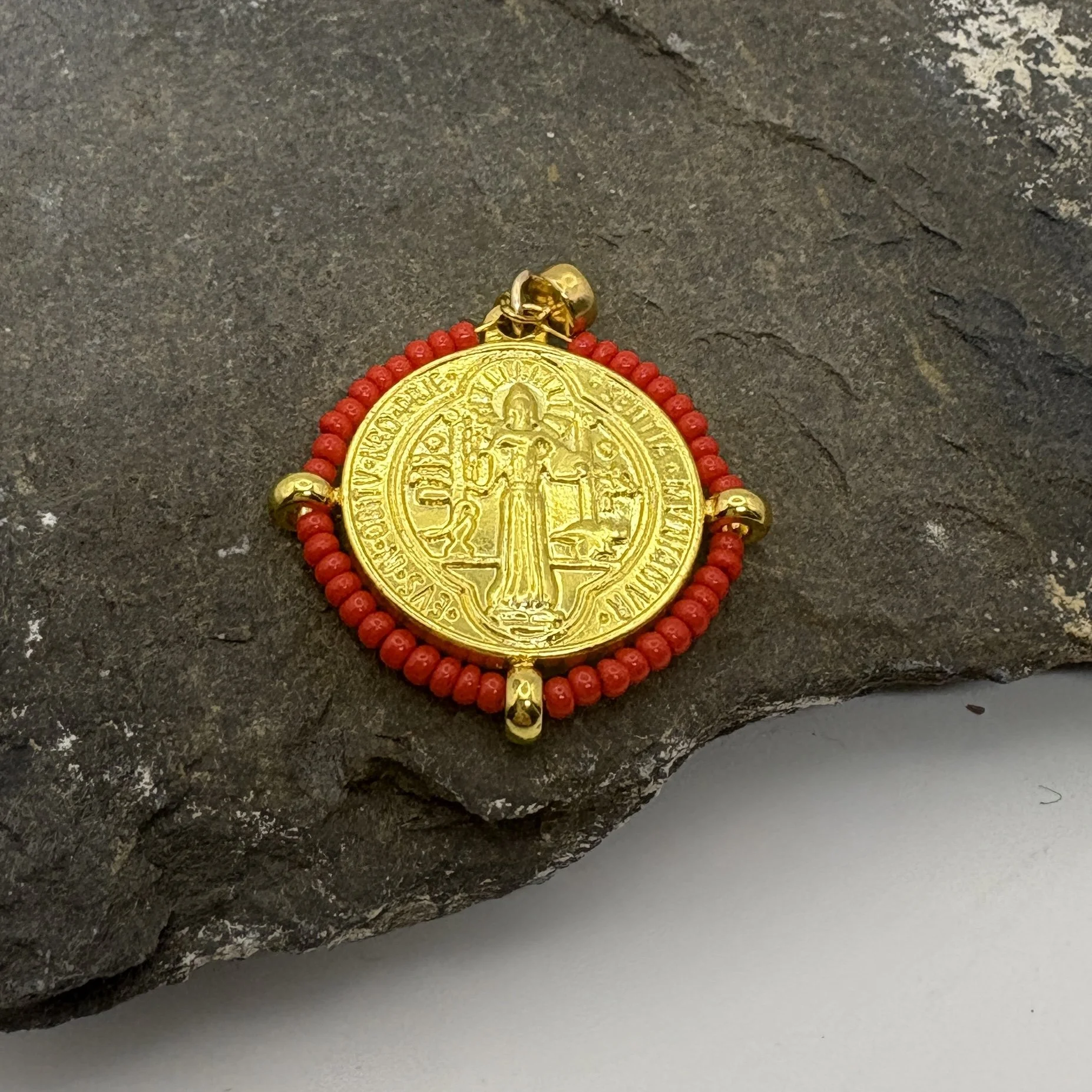 Round 18K gold plated St Benedict Charm with light red