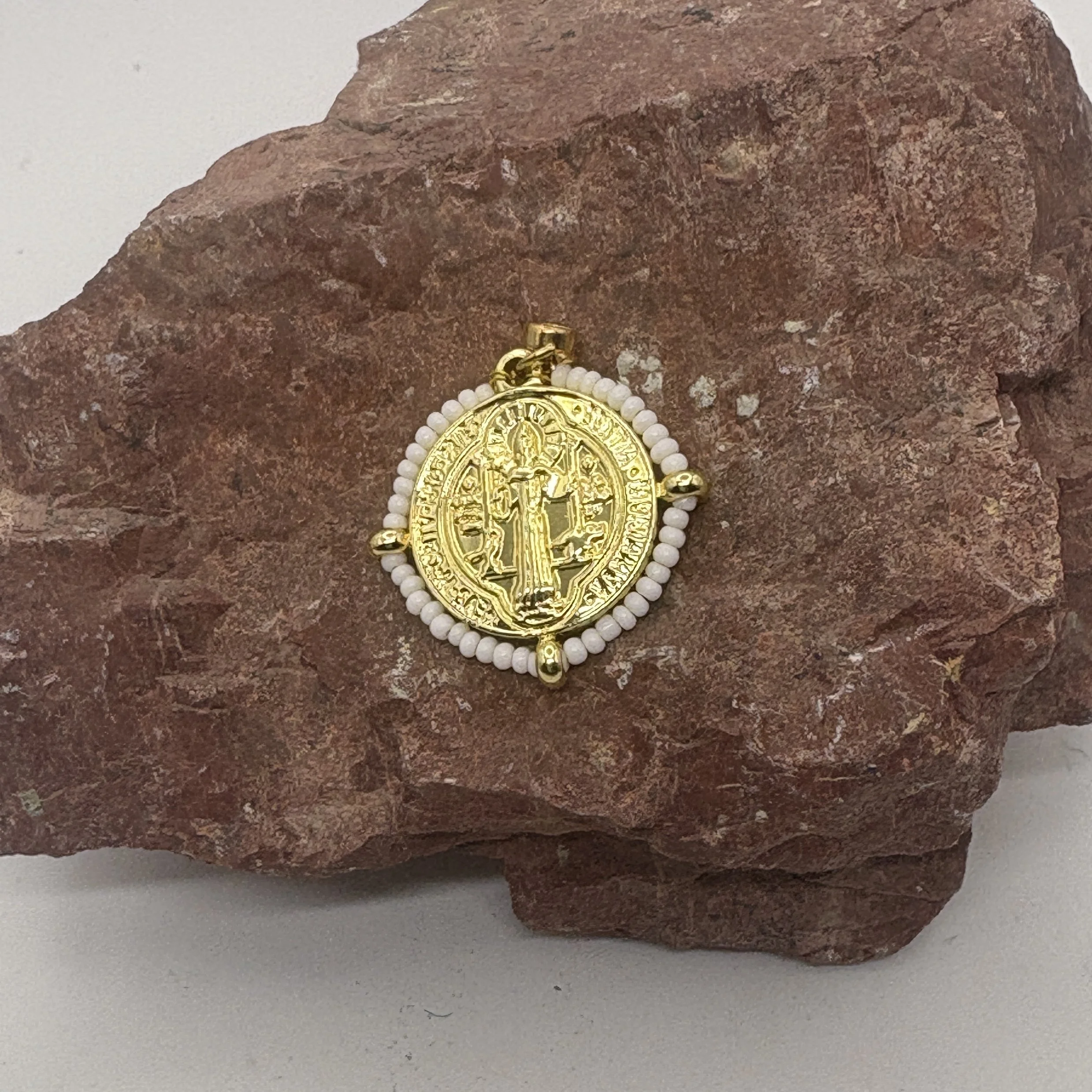 Round 18K gold plated St Benedict Charm with white