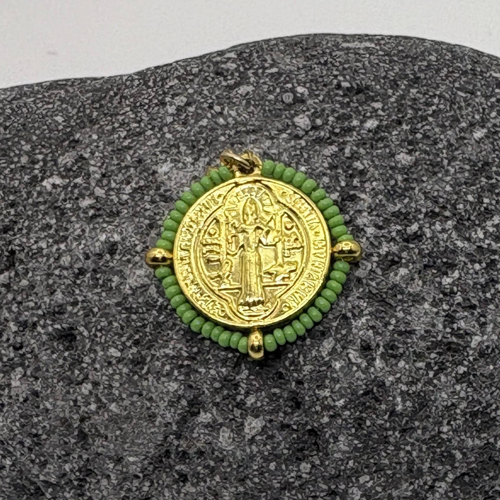 Round 18K gold plated St Benedict Charm with bud green glass bead