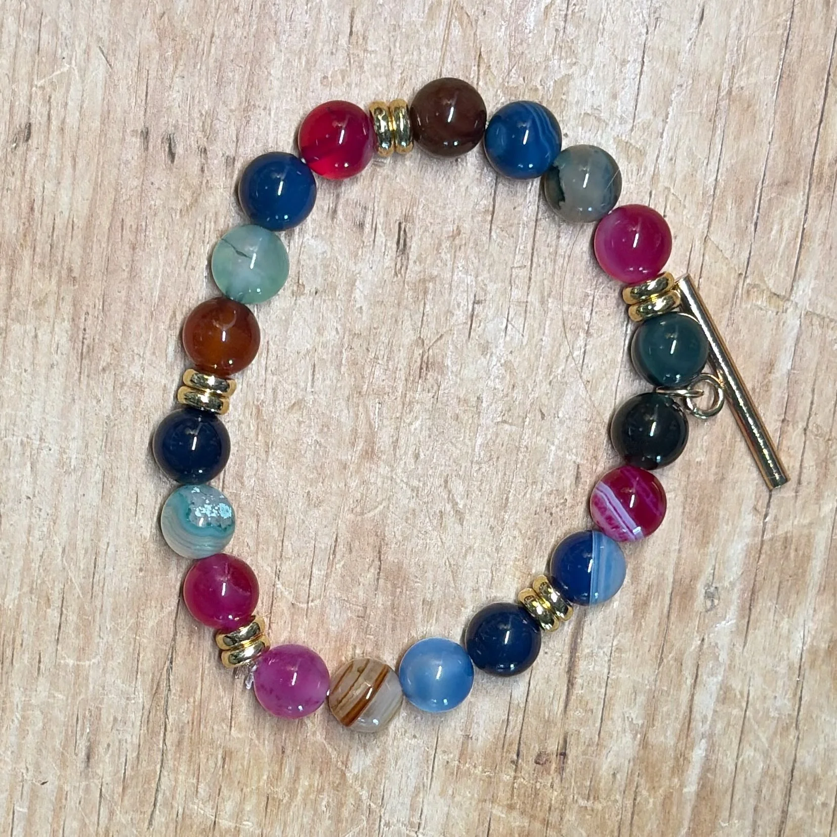 Mixed banded agate T bar bracelet
