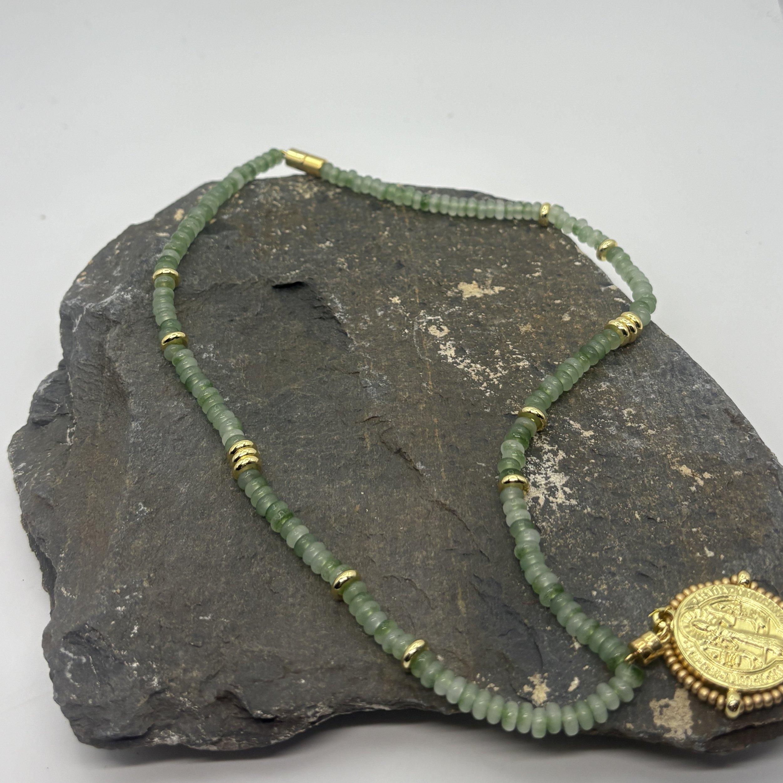 Frosted green glass and gold necklace