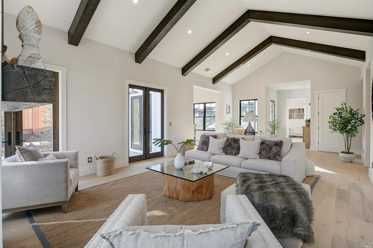 Bright living room with white walls, dark wood beams on the ceiling, large windows, and a glass door. Features a white sofa with pillows, a glass coffee table with a wooden base, an armchair, and various potted plants.