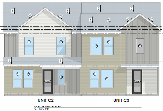 Architectural drawing of two modern residential building units, labeled UNIT C2 and UNIT C3, showing front elevations with windows, doors, and roof details.