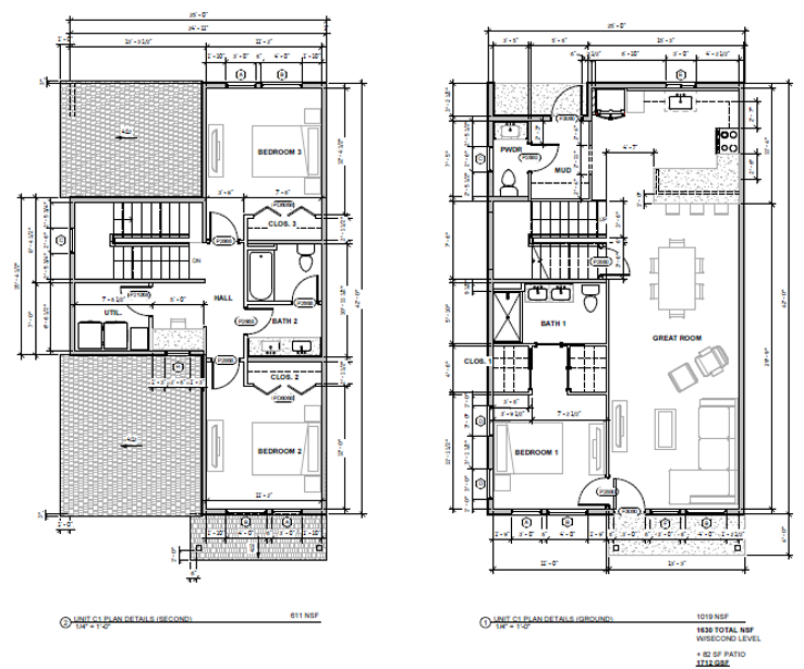 Floor plans of a two-story residential building showing rooms, dimensions, and layout including bedrooms, bathrooms, kitchen, and living areas.