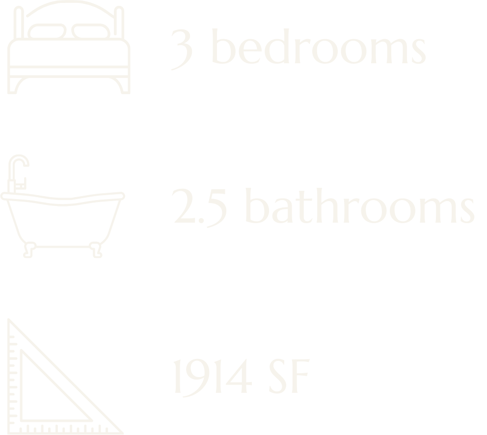 Text with icons describing a home: 3 bedrooms, 2.5 bathrooms, 914 square feet.