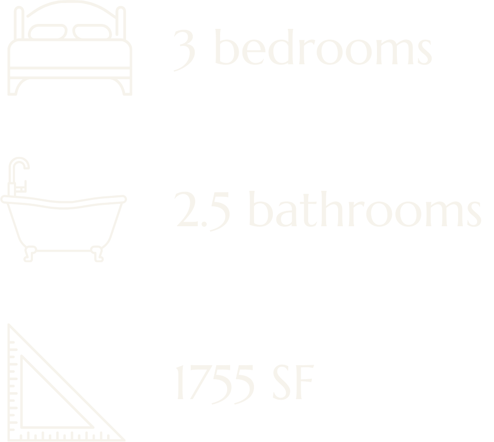Graphic with icons and text detailing the property features including 3 bedrooms, 2.5 bathrooms, and 1,755 square feet.