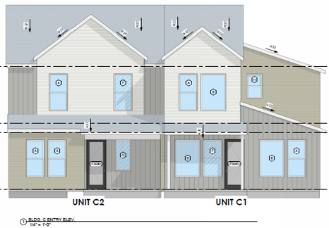 Architectural elevation drawing of two modern townhouse units labeled Unit C2 and Unit C1, showing front exterior views with windows, doors, and rooflines.