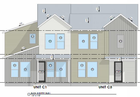 Architectural building plan of a multi-unit residential complex showing Unit C1 and Unit C3 with front elevation view, windows, doors, and roof details.