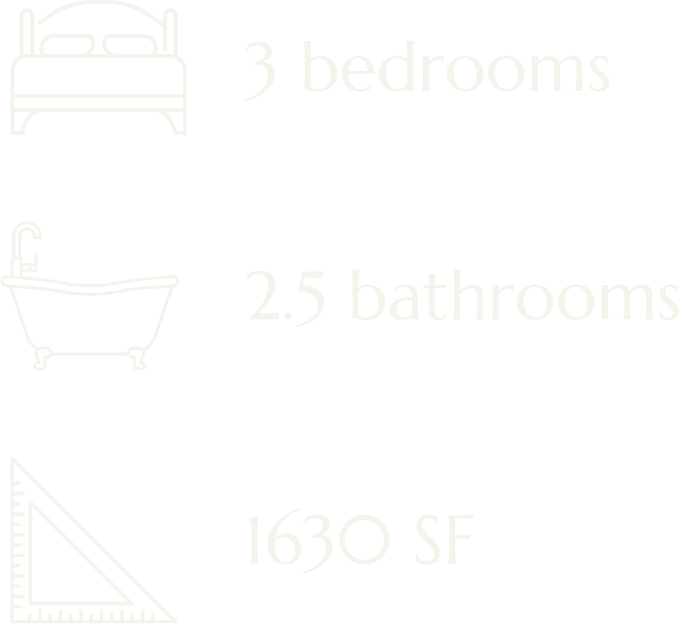Illustration of a bedroom, bathtub, and a ruler measuring 1630 square feet with text indicating the property has 3 bedrooms and 2.5 bathrooms.