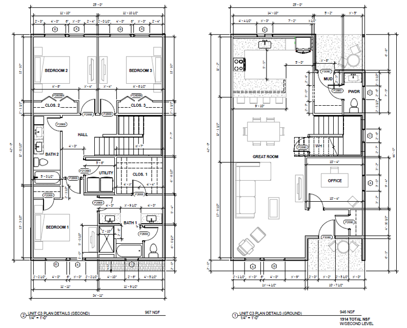 Floor plans for a house, showing the ground floor and second floor layout with rooms such as bedrooms, bathrooms, kitchen, dining, office, and living areas, including measurements and structural details.