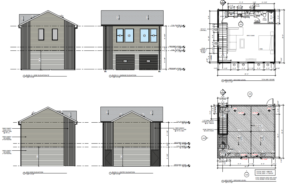 Architectural blueprint of a two-story residential building, showing elevation views, floor plans, and dimensions.