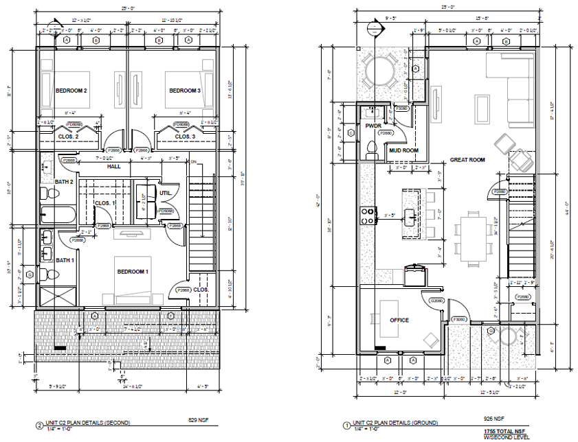 Floor plan of a two-story residential house, with dimensions and labeled rooms including bedrooms, bathrooms, kitchen, living area, office, and utility space.