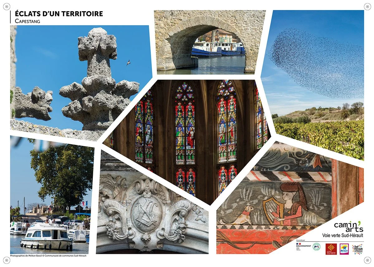 Exemple de panneau d’exposition patrimoniale avec photographies d’architecture, paysage et patrimoine local à Capestang en Occitanie
