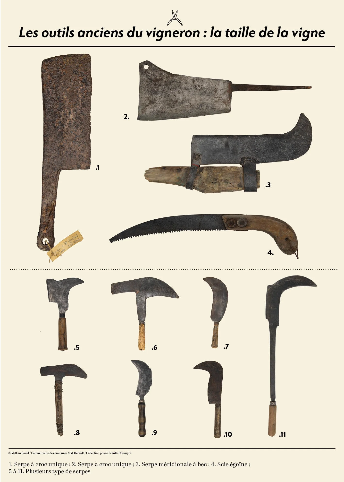 Panneau thématique sur la taille de la vigne présentant des outils anciens