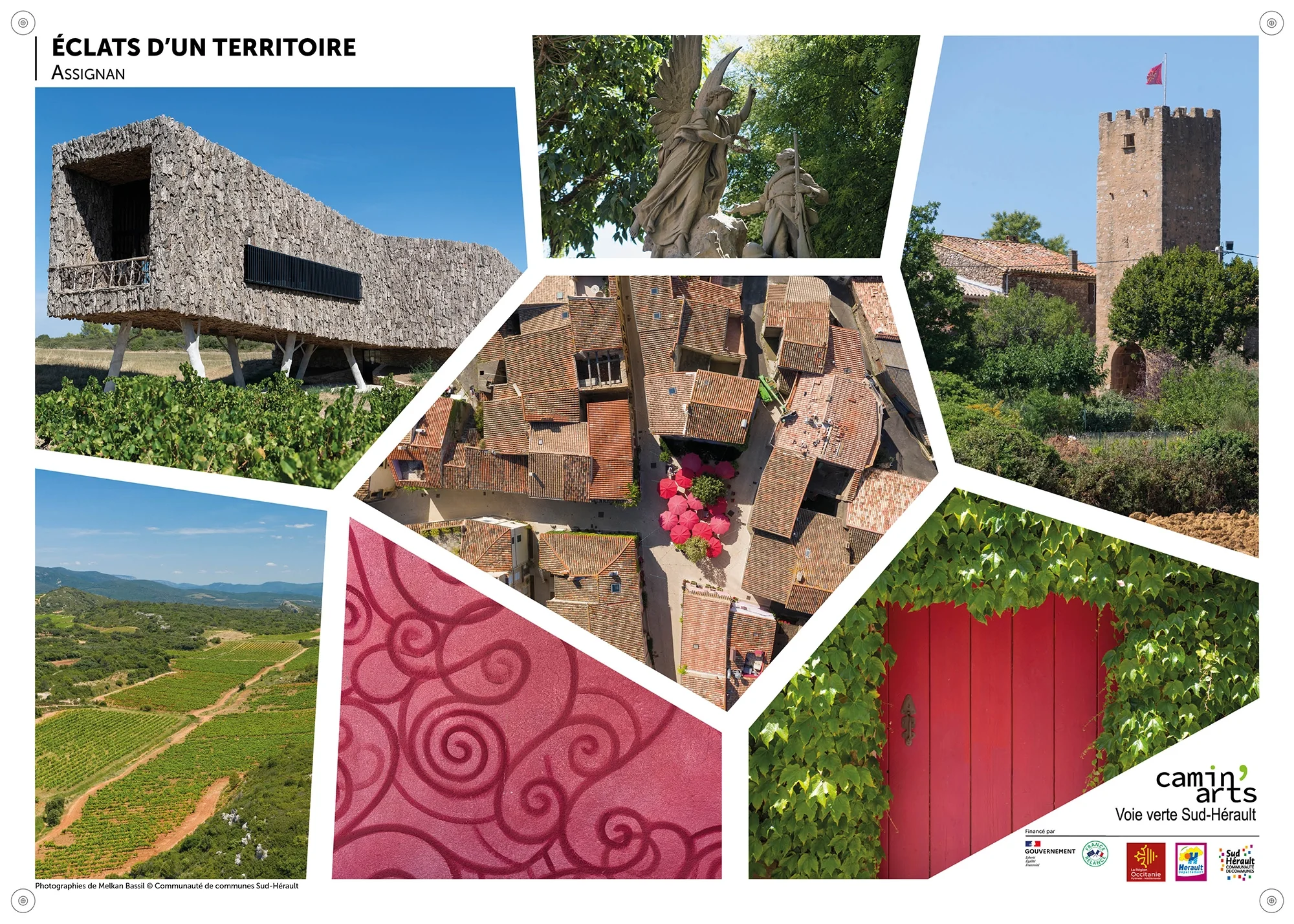 Bâche exposition Éclats d’un territoire – Commune d’Assignan – Voie verte CAMIN’ARTS Sud-Hérault
