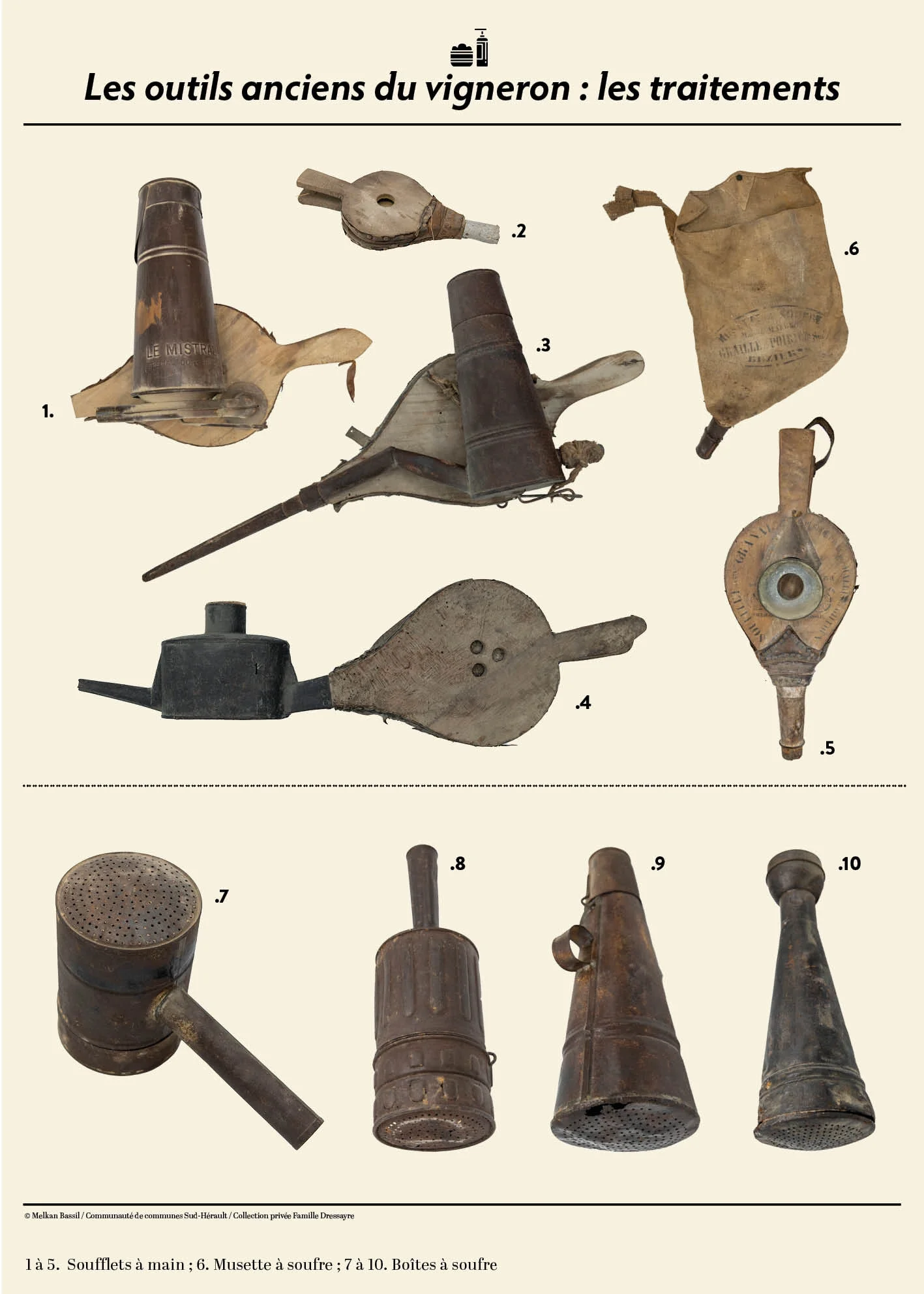 Outils anciens utilisés pour les traitements de la vigne présentés en exposition