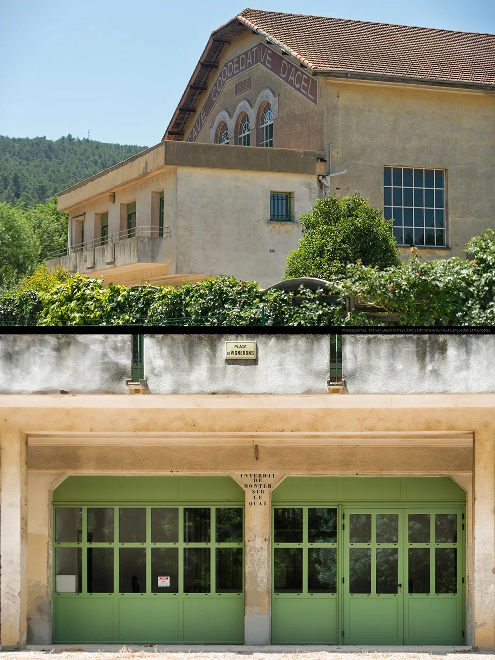 Diptyque sur l'architecture de la cave coopérative d'Agel dans le minervois, patrimoine viticol d'Occitanie
