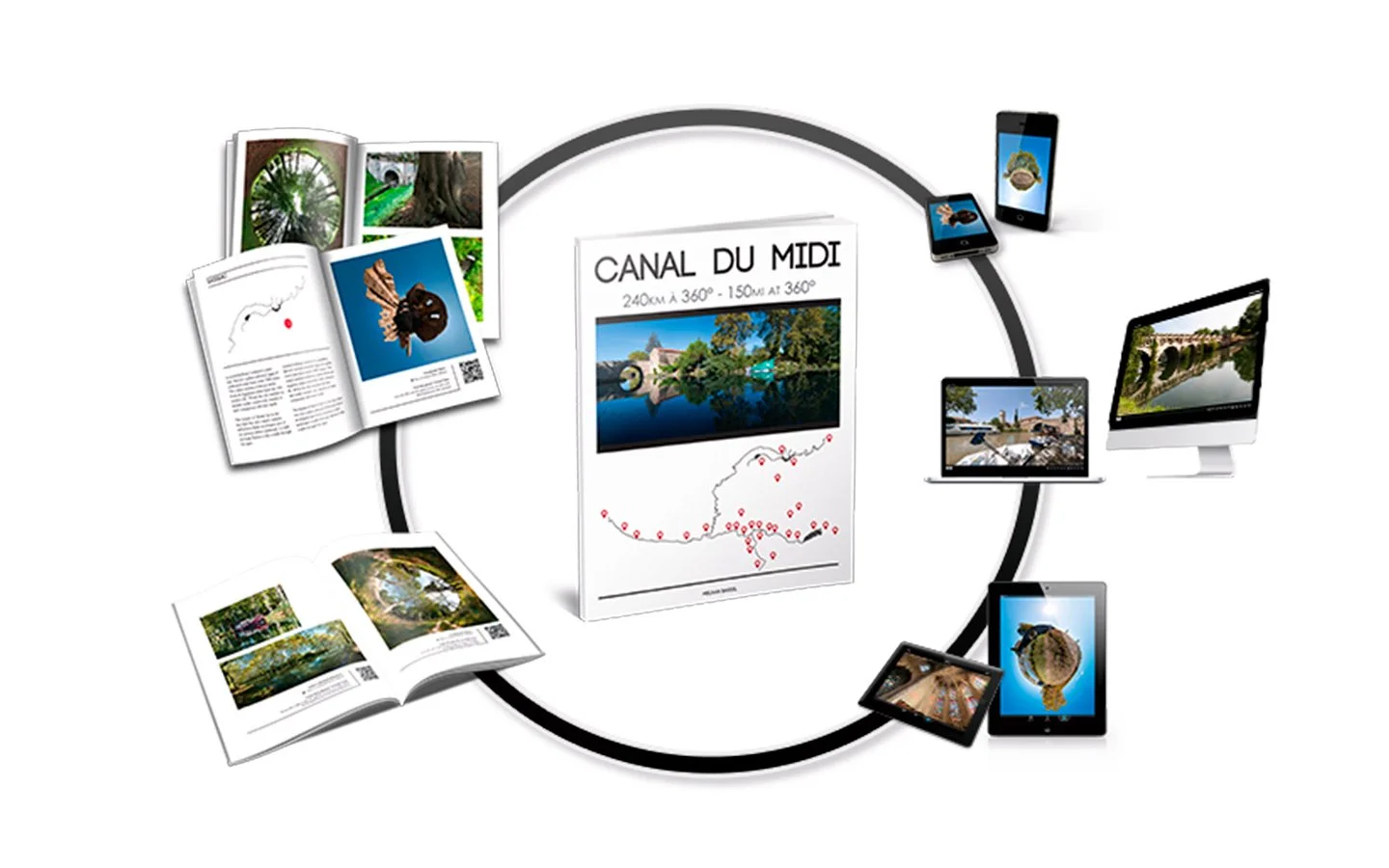 Livre sur le canal du midi avec QR code et VR 360, patrimoine d'Occitanie