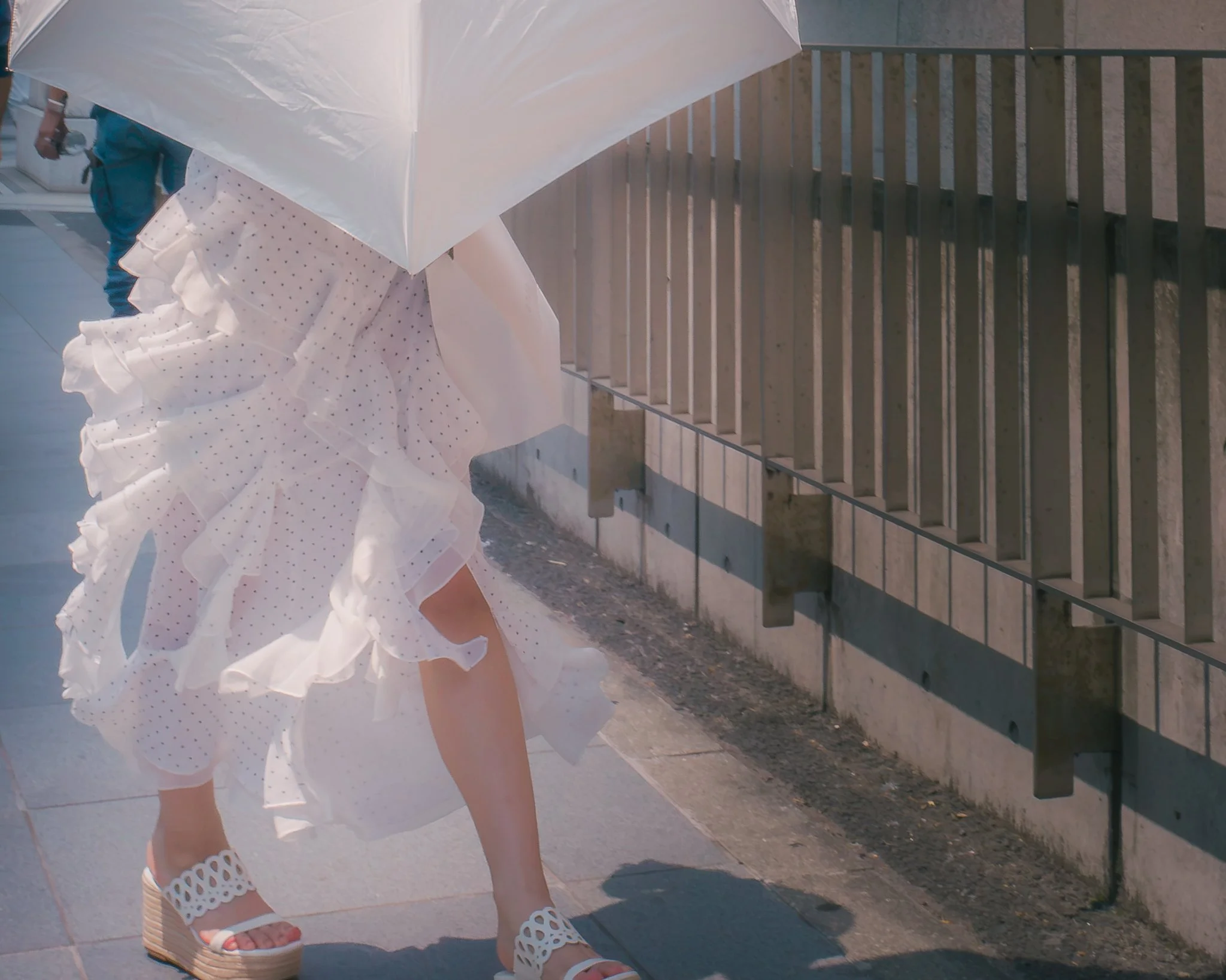 Person walking on sidewalk wearing white dress with ruffles and polka dots, white wedge sandals, and carrying a white umbrella