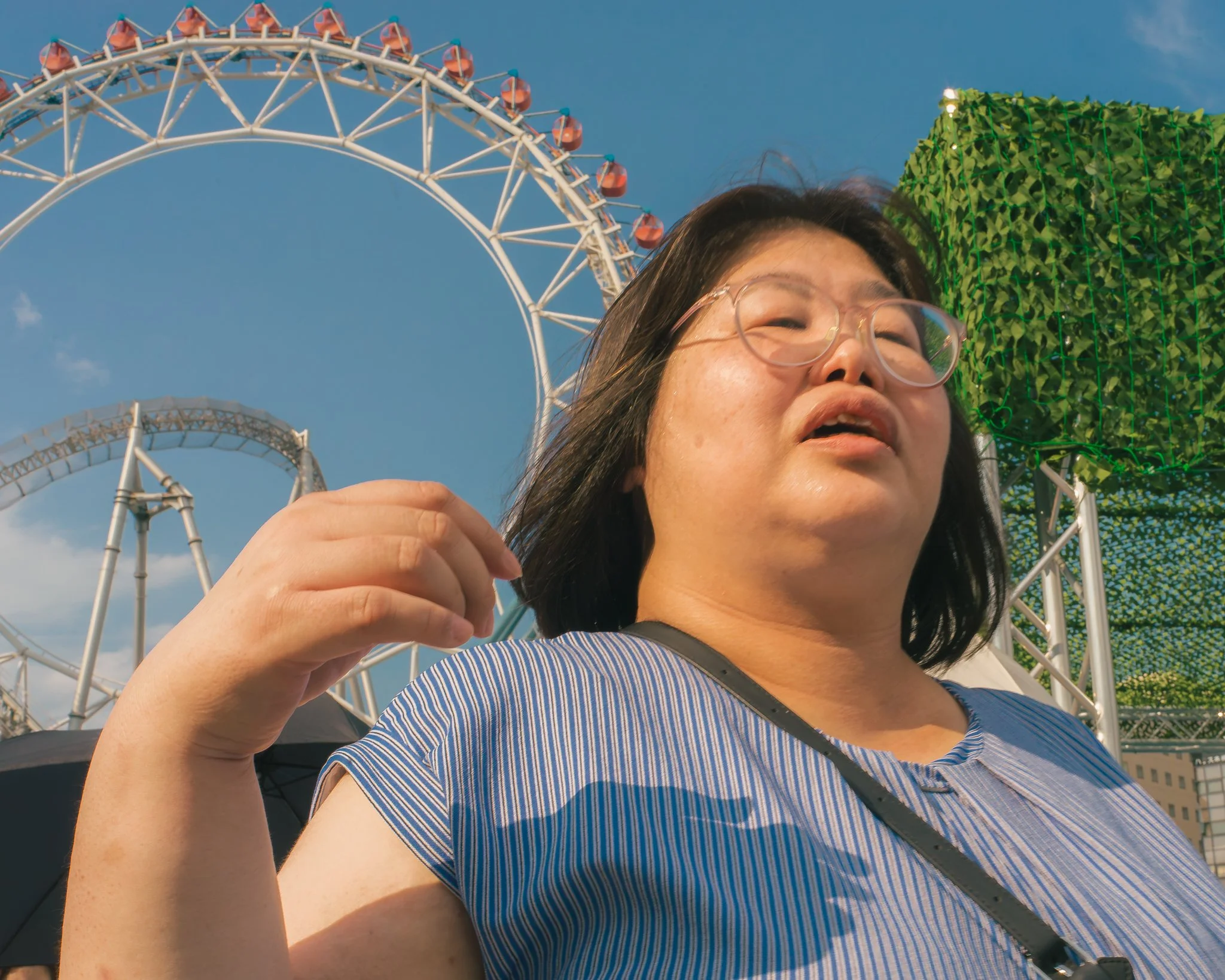 Close-up of a woman with dark hair and glasses, smiling slightly, wearing a blue striped shirt, at an amusement park with a ferris wheel and a green structure in the background on a sunny day.