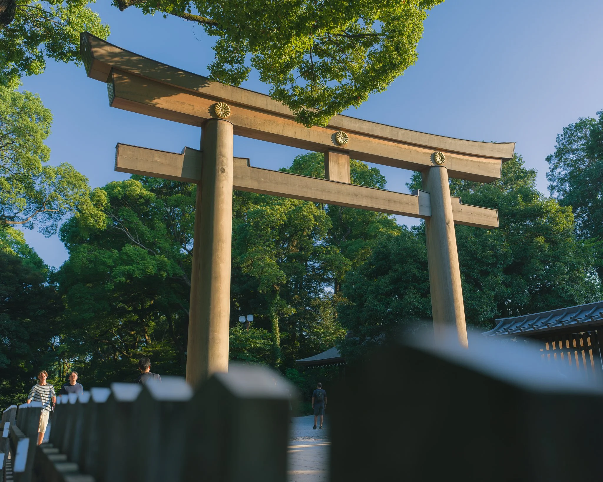 View of a traditional Japanese torii gate surrounded by green trees and clear blue sky, with several people walking nearby.