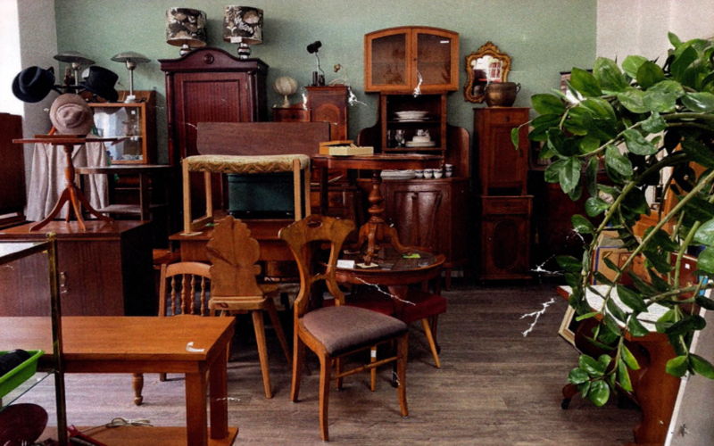 Ein Wohnzimmer mit alten Holzmöbeln, darunter Tische, Stühle und Schränke, sowie eine große grüne Pflanze auf der rechten Seite.