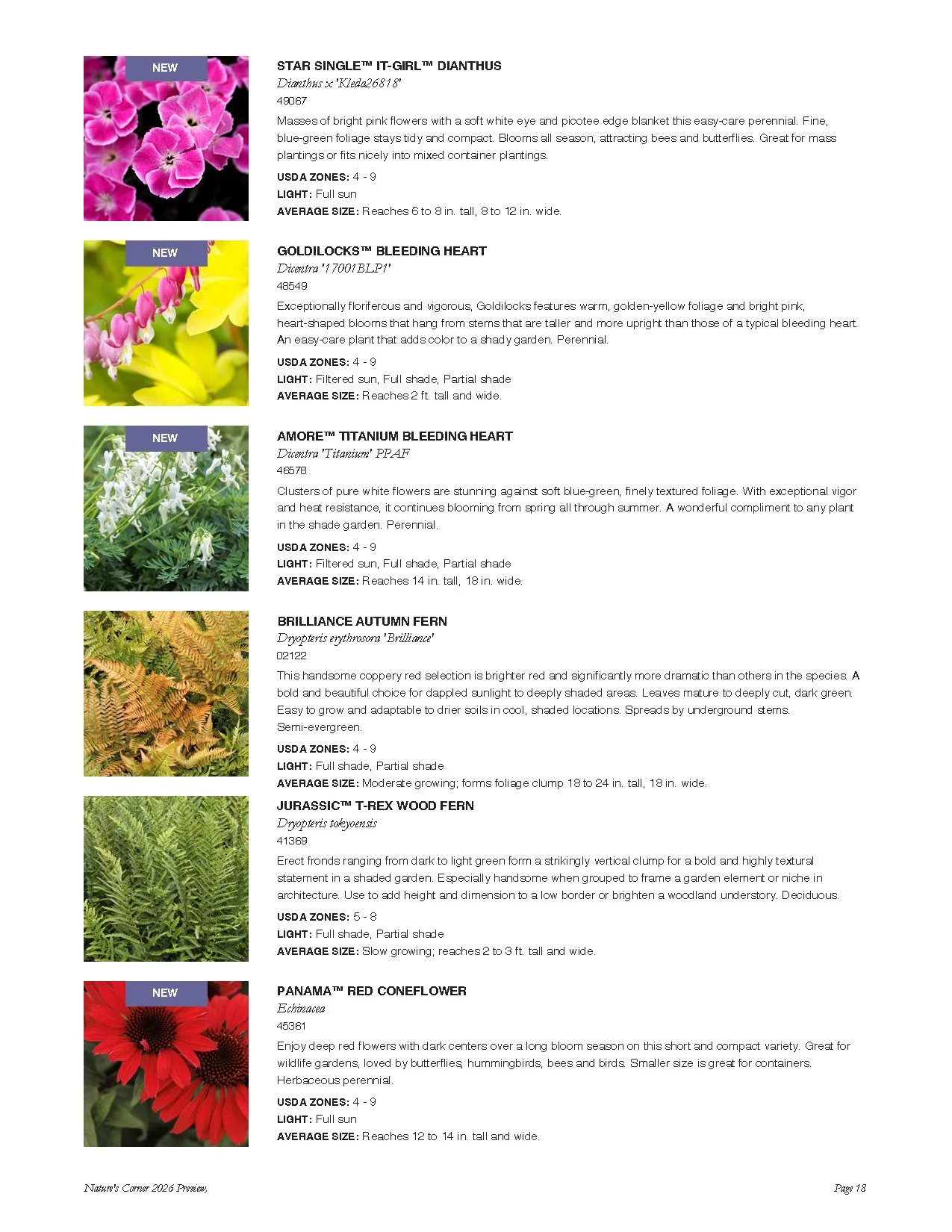 A catalog page featuring various flowering plants, including pink, yellow, white, orange, green, and red flowers with descriptions of each plant's characteristics and care instructions.