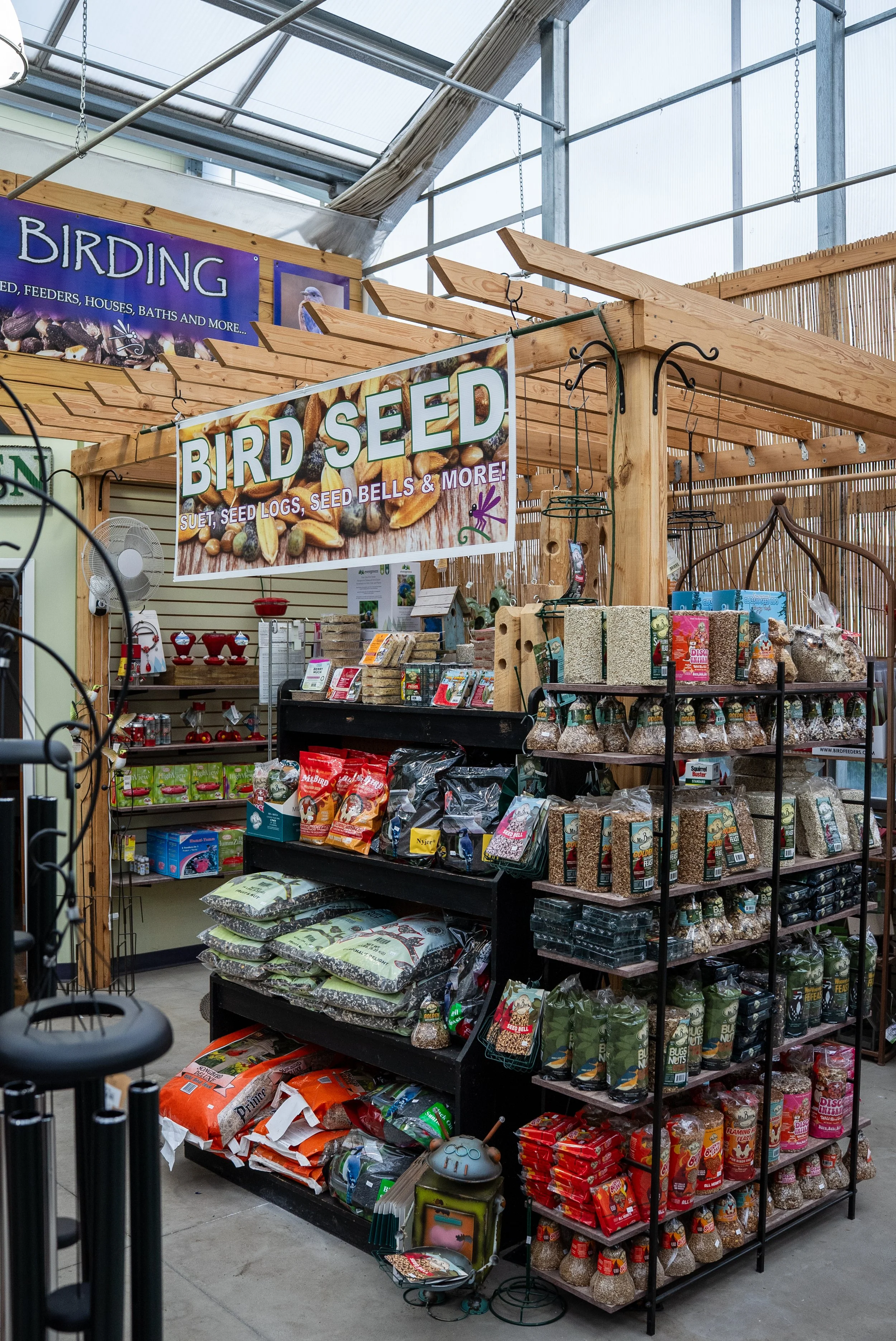 A display of bird seed and related products at a store, with a prominent sign reading 'Bird Seed' and additional signage advertising bird seed, logs, seed bells, and more.