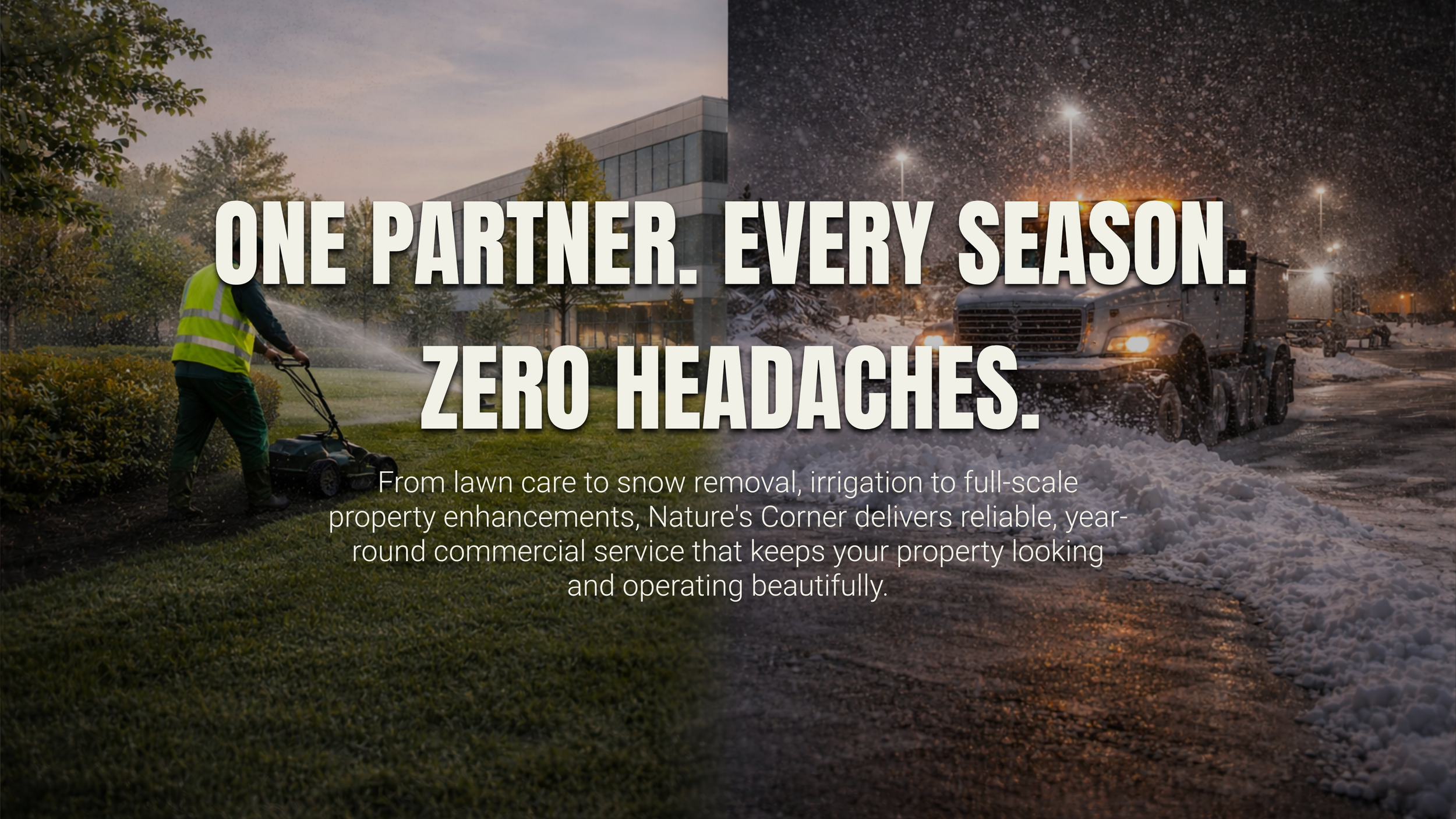 A split-screen image showing on the left a person in a yellow safety vest lawn mowing in a grassy area during daytime, and on the right a snow plow truck operating at night in snowy conditions with streetlights illuminating the scene. Overlaid text reads 'One partner. Every season. Zero headaches.'