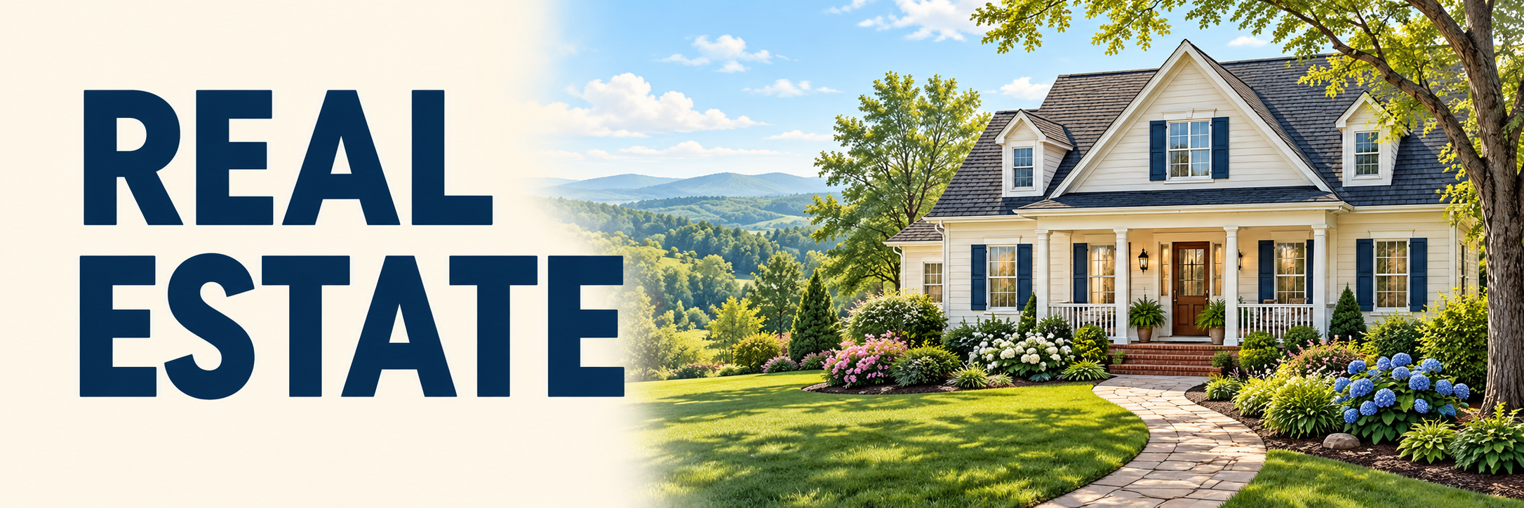 Real Estate text beside an illustrated home with a front porch, landscaped garden, and stone walkway.