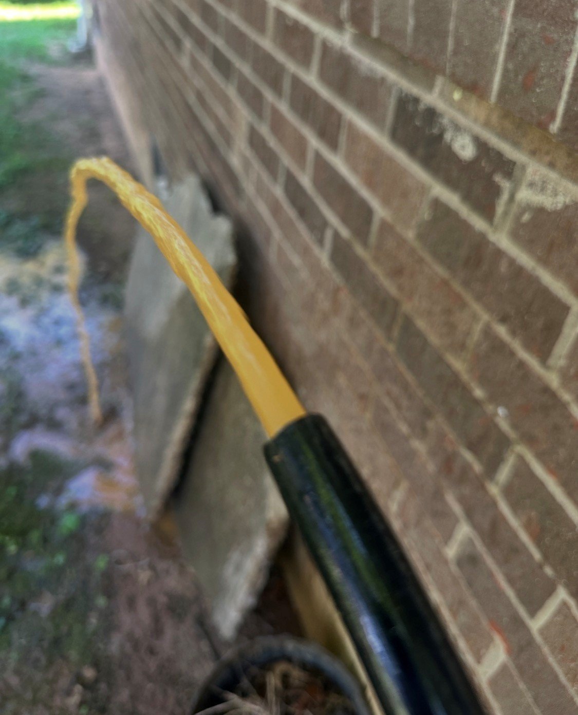 Yellow-brown water flowing from a hose beside a brick wall.