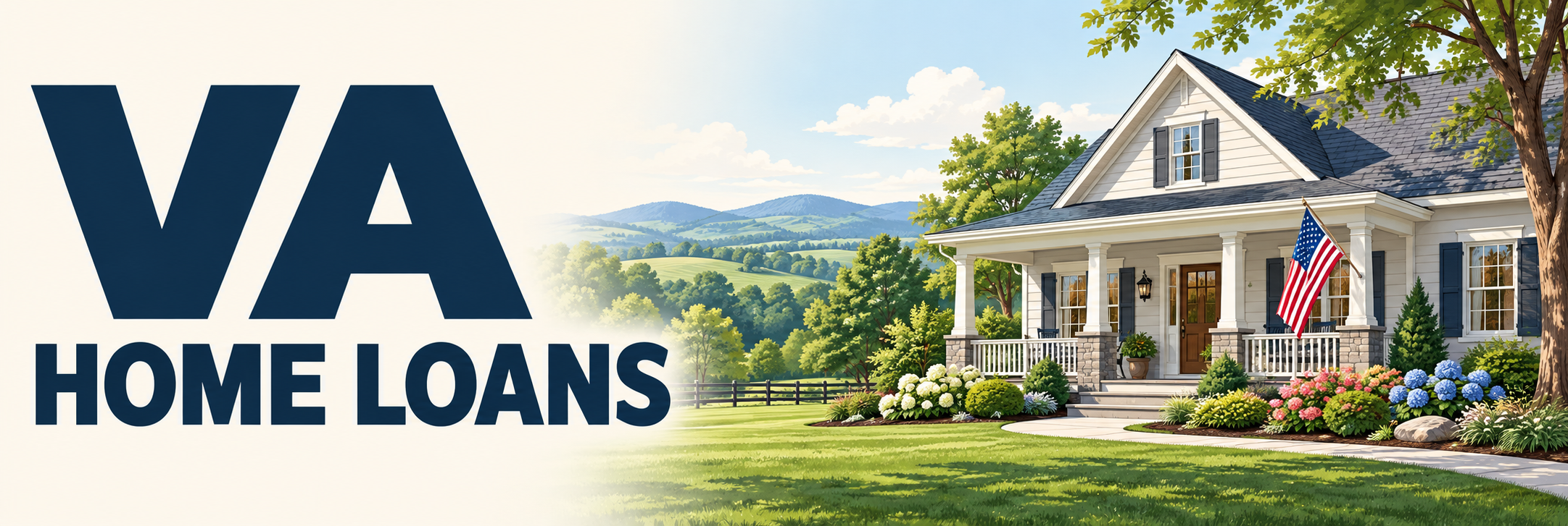 VA Home Loans text beside an illustrated home with an American flag on the porch.
