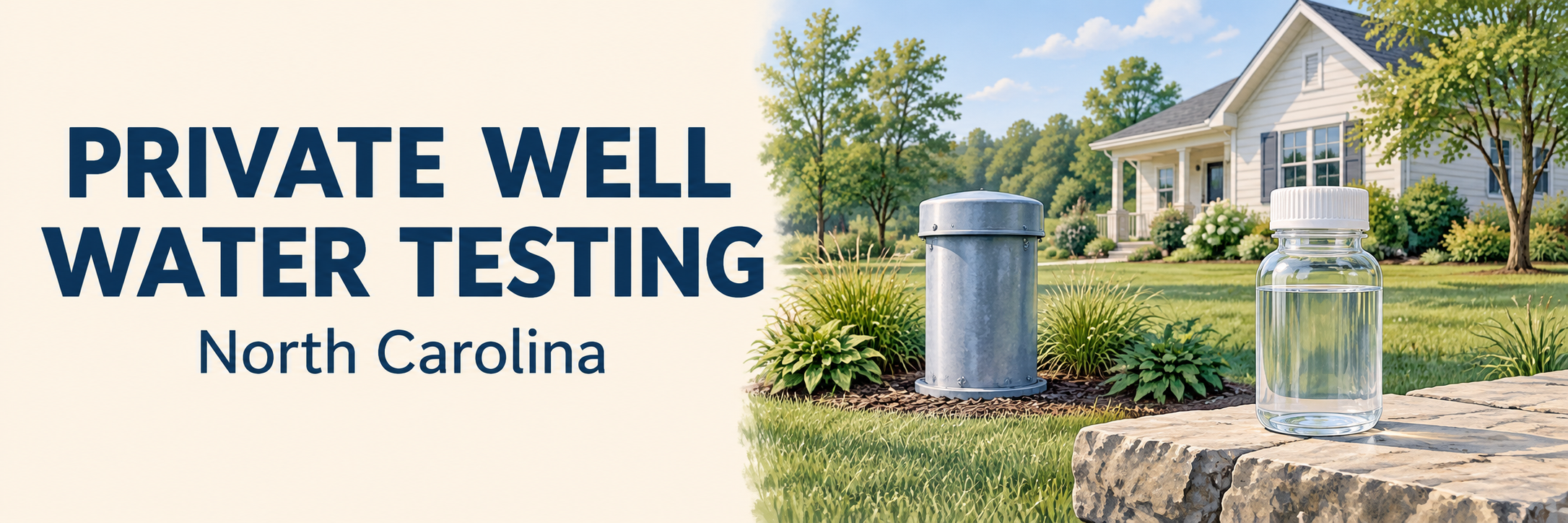 Private Well Water Testing text beside an illustrated home, capped well casing, and water sample bottle.