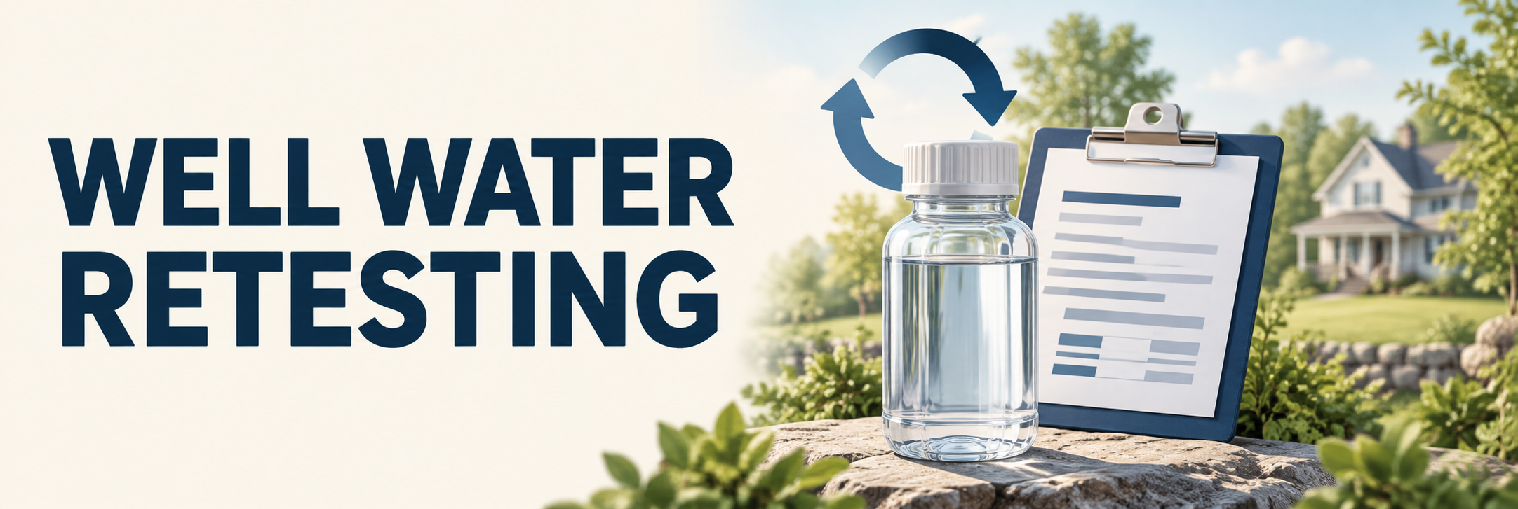 Well Water Retesting text beside an illustrated water sample bottle, report clipboard, circular arrows, and house.