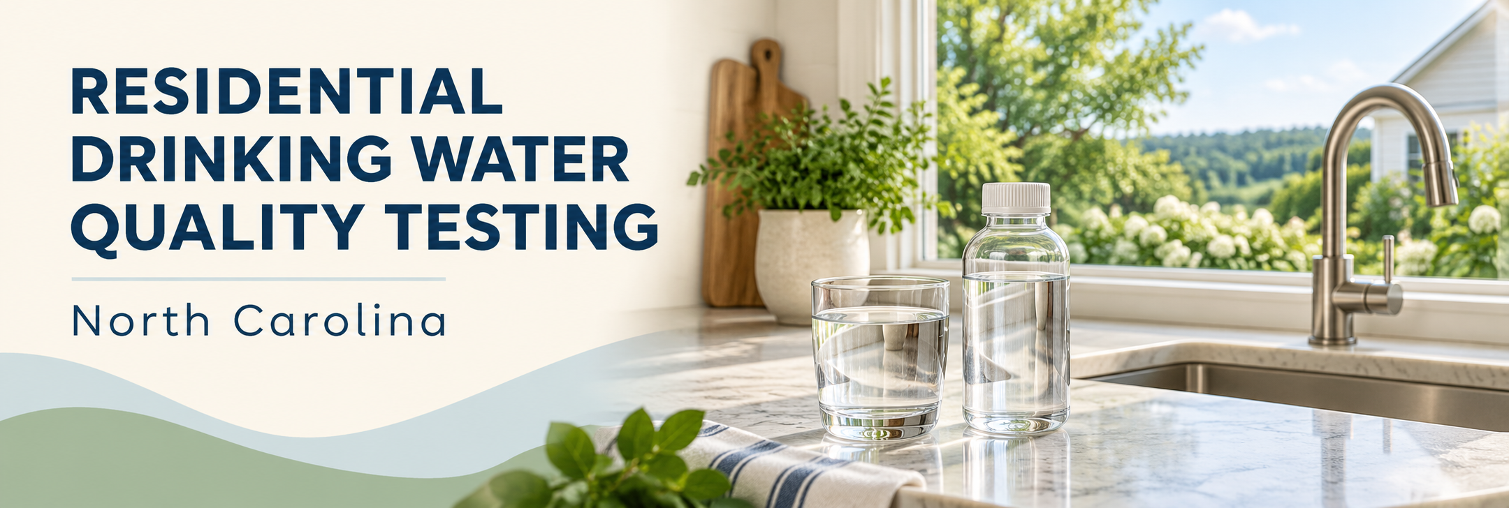 Residential Drinking Water Quality Testing—North Carolina, beside an illustrated water glass and sample bottle on a kitchen counter.