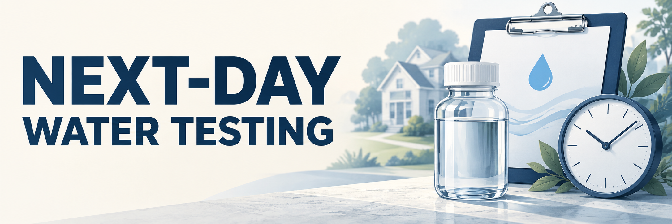 Next-Day Water Testing text beside an illustrated water sample bottle, clipboard, clock, and house.