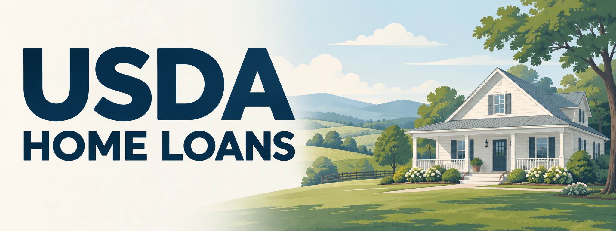 USDA Home Loans text beside an illustration of a rural home and rolling countryside.