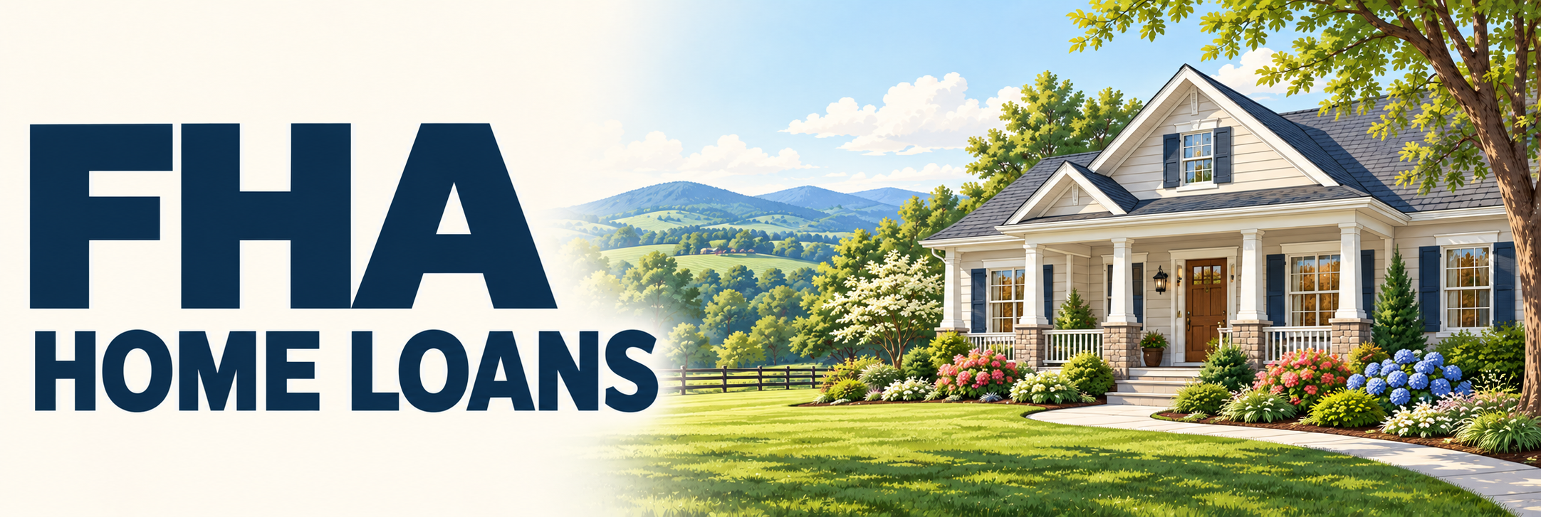 FHA Home Loans text beside an illustrated home with a front porch, flowering garden, and rolling countryside.