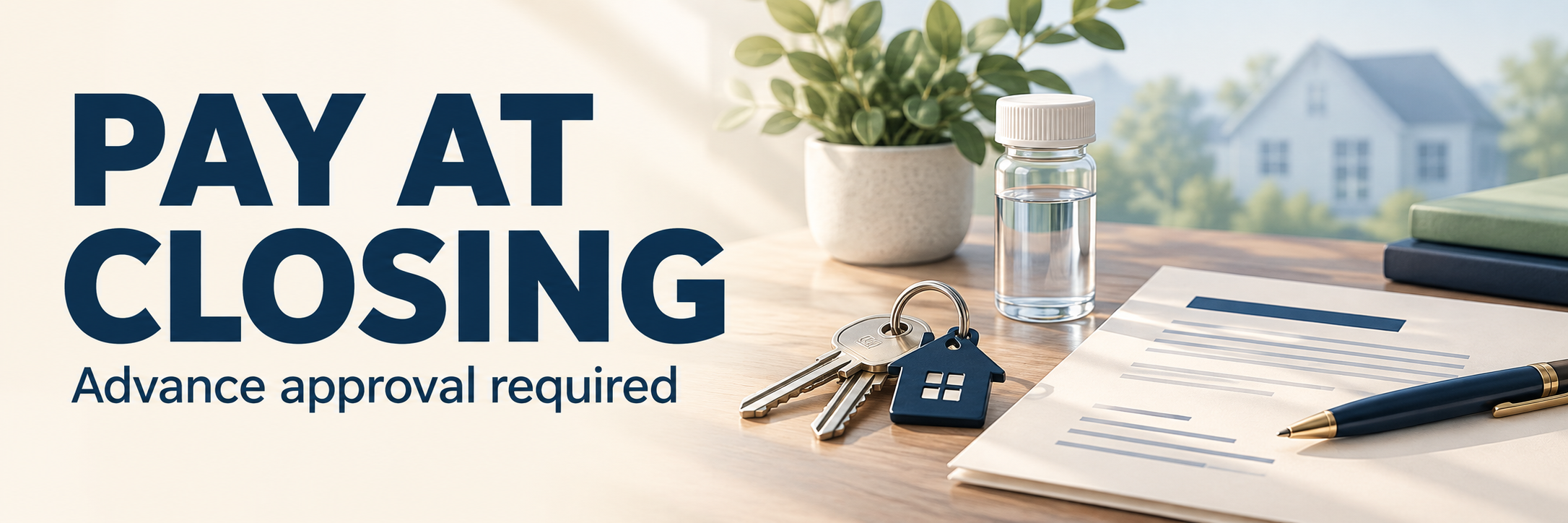 Pay at Closing—Advance approval required, beside illustrated house keys, closing documents, and a water sample bottle.